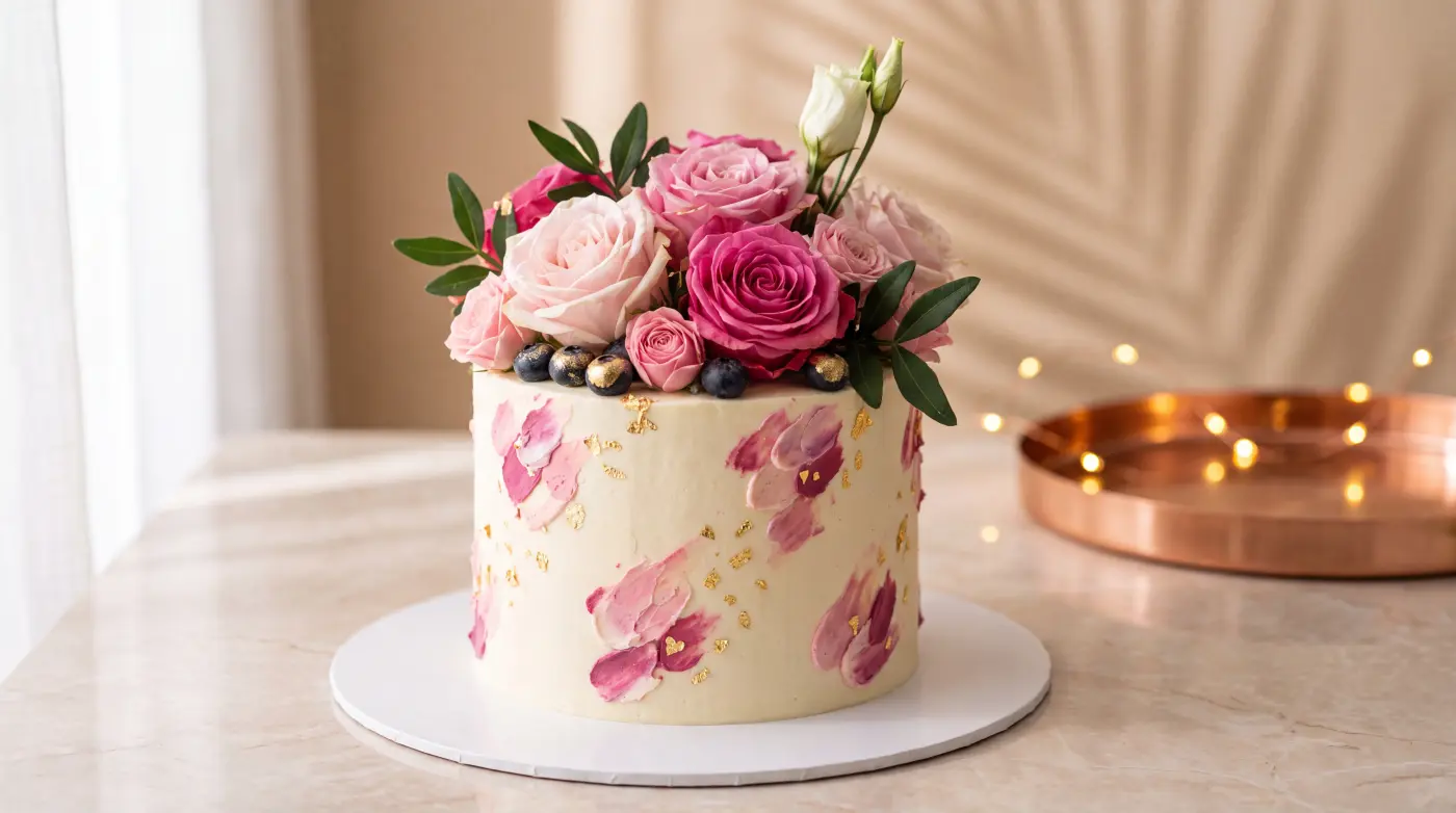 Gâteau personnalisé — roses fraîches et feuille d'or
