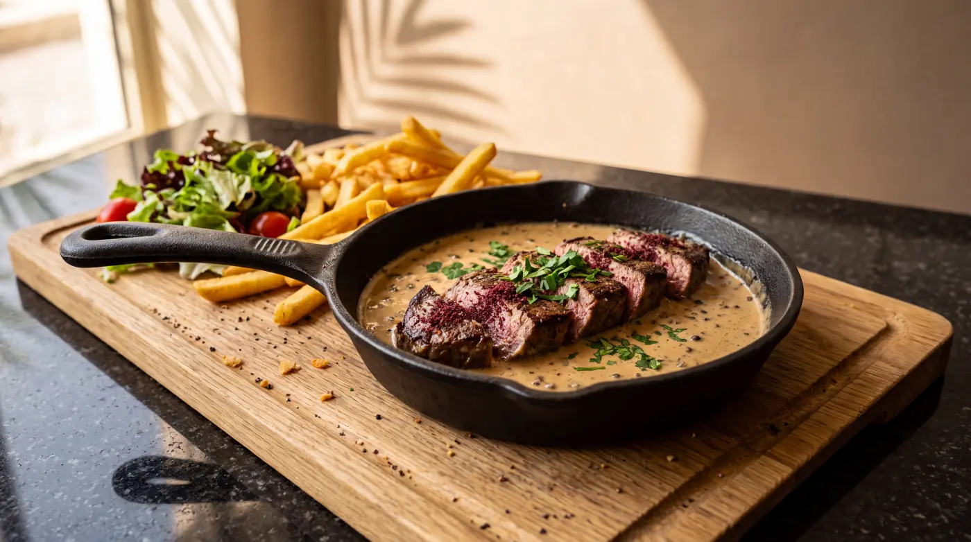Entrecôte sauce au poivre, frites maison