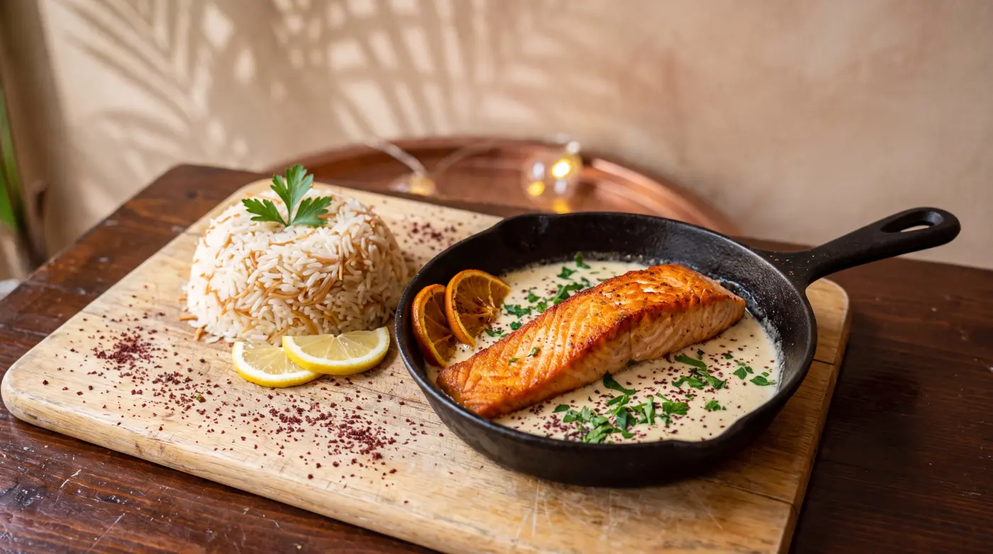 Saumon grillé, riz vermicelle, sauce crème citronnée