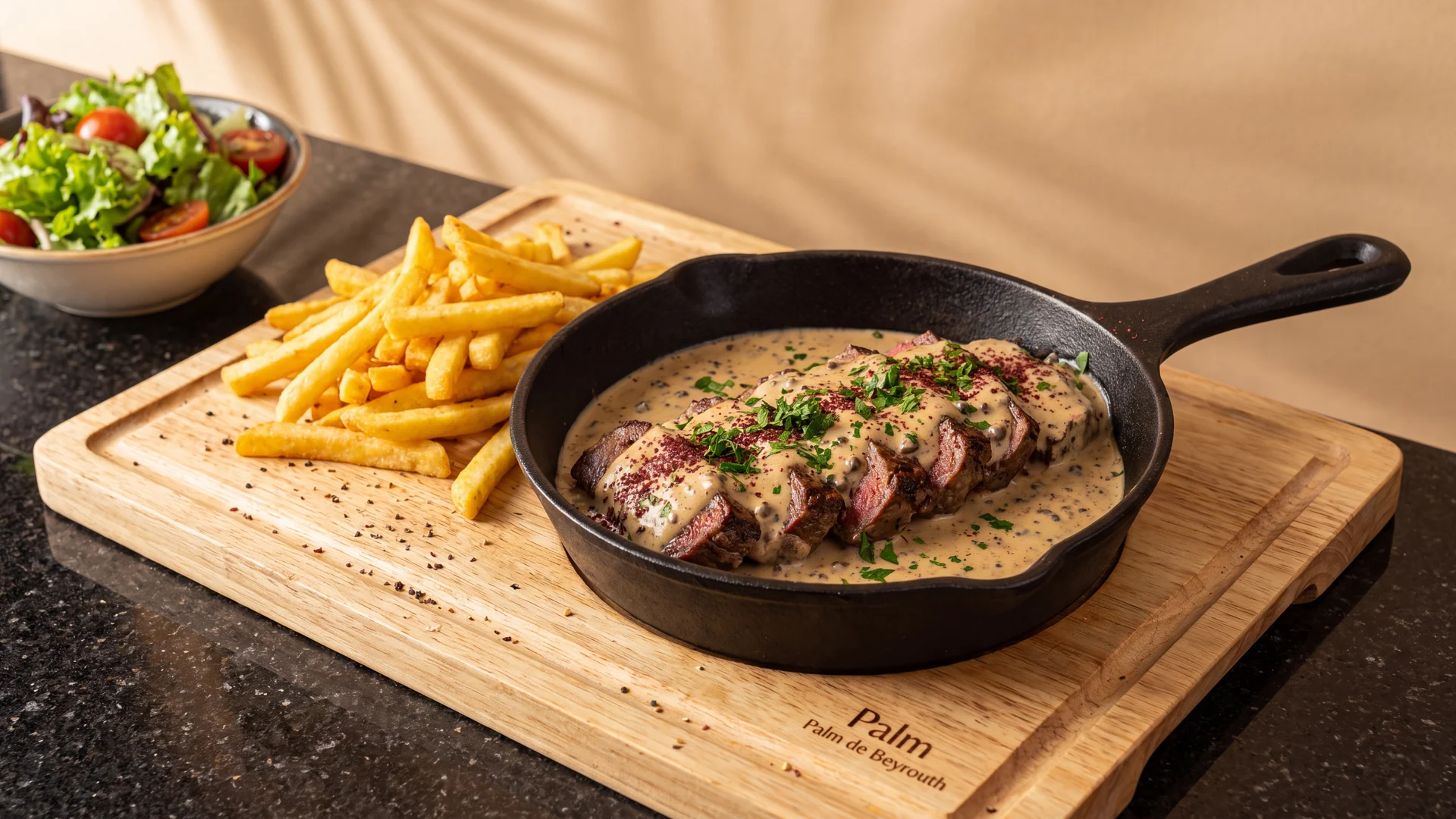 Entrecôte sauce au poivre, frites maison