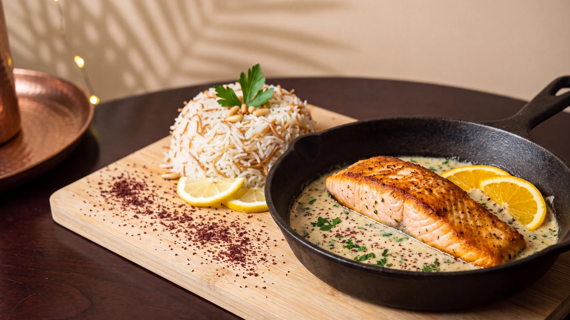 Saumon grillé, riz vermicelle, sauce crème citronnée
